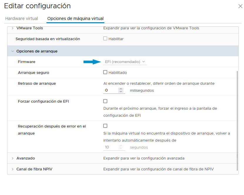 opciones de arranque vm